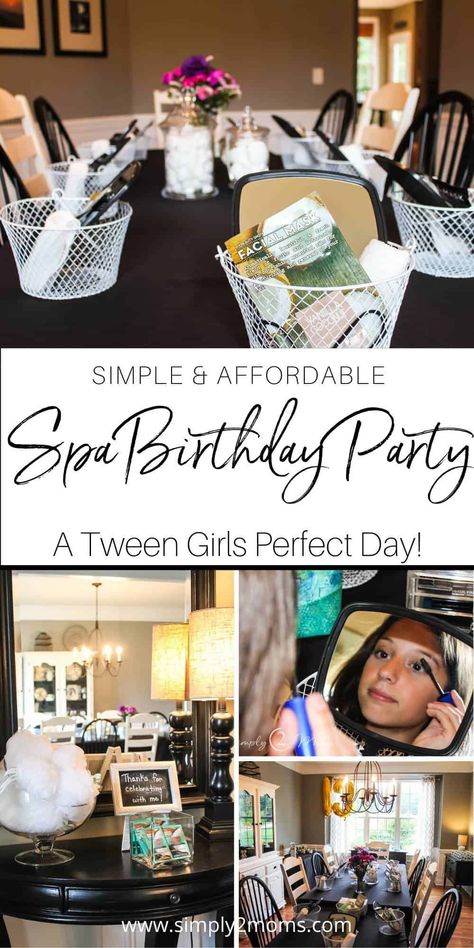 Learn how to plan the perfect spa birthday party on a budget. Follow these easy tips to throw a super fun but inexpensive party at home. 13th teen girls party with friends. Face masks and makeovers. Baskets filled with supplies including mirror, headband, washcloth and individual face mask for each guest. Glass jars filled with cotton balls, make up wipes, tissues and Qtips. Simple snacks including chips & dips and a fruit platter. Make your own ice cream sundae bar with toppings. Photo ... Teen Spa Party, Spa Party Activities, Diy Spa Party, Spa Party Theme, Spa Sleepover Party, Make Your Own Ice Cream, Birthday Party On A Budget, Teen Girl Birthday Party, Makeover Party