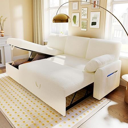 VanAcc Sleeper Sofa, Sofa Bed- 2 in 1 Pull Out Couch Bed with Storage Chaise for Living Room, Sofa Sleeper with Pull Out Bed, White Boucle Couch Pull Out Couch Bed, Modular Sofa Bed, Pull Out Couch, Pull Out Sofa Bed, Pull Out Sofa, Sofa Sleeper, Storage Chaise, Sectional Sleeper Sofa, Pull Out Bed