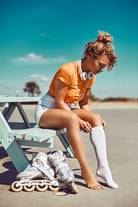 ALPHA AEON OMEGA on Behance Skater Chick, Sports Photoshoot, High Knee Socks Outfit, Fashion Illustration Poses, Retro Roller Skates, Skateboard Photography, Creative Fashion Photography, Roller Girl, Skater Girls