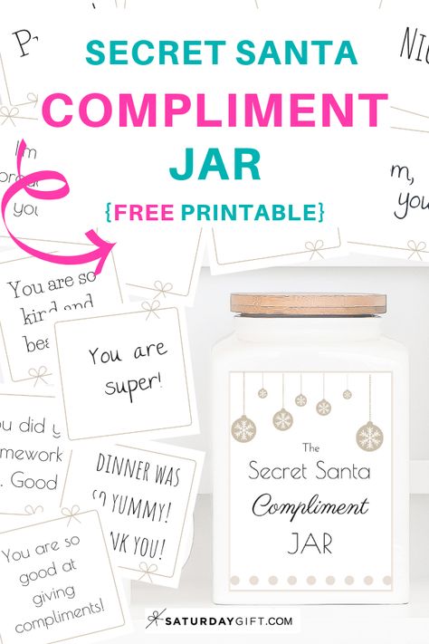 Today’s gift is all about good vibes and compliments. It’s a set of printables to help you create a Secret Santa Compliment Jar. You know the Secret Santa game where you buy a gift to someone, and they don’t know who they’re getting the gift from? Well, the Secret Santa compliment jar is a bit like that but with a twist. It's all about giving compliments to your loved ones without knowing who gave them! #Christmasprintables #freeprintables #secretsanta #game #complimentjar Compliment Jar, Secret Santa Game, Jar Of Notes, Giving Compliments, Hand Lettering Printables, Christmas Countdown Diy, Secret Santa Gift Exchange, Printable Advent Calendar, Pretty Printables