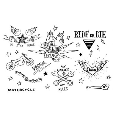 Traditional tattoo biker set vector 4304949 - by MsMoloko on VectorStock® Traditional Tattoo Vector, Biker Tattoos Designs, Rock N Roll Tattoo, Harley Tattoos, Crown Tattoo Design, Motorcycle Tattoos, Bike Tattoos, Biker Tattoos, Tattoo Templates