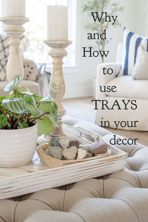 How and Why to make use of TRAYS in your house decor- #Decor #Home #Trays Check more at https://howcandothis.com/homedecoration/how-and-why-to-make-use-of-trays-in-your-house-decor-2/ Decor For Tables Dining Rooms, Decor Trays Living Room, Table Trays Ideas Living Rooms, Tray Uses Ideas, How To Style A Tray Living Room, Using Trays In Home Decor, Dinning Room Table Decor Centerpieces Coastal, Coastal Tray Decor, Living Room Tray Decor Ideas