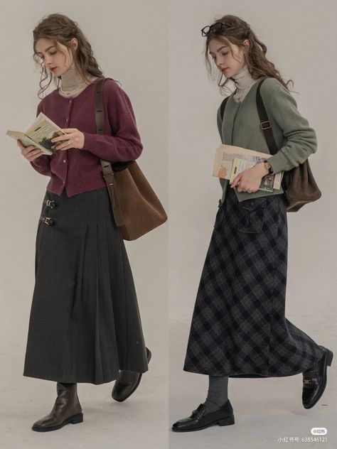 Winter Outfits Aesthetic Skirt, Nerdy Aesthetic Outfits, Layering With Dresses, Science Museum Outfit, Aesthetic Rainy Day Outfit, Officecore Fashion, Long Skirt Winter Outfit, Long Skirt Outfits Winter, Grandma Core Fashion