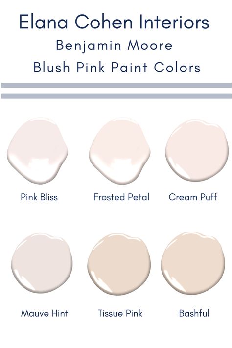 Check out Elana Cohen Interiors favorite blush pink paint colors by Benjamin Moore. The perfect color palette for a baby girl's nursery, big girl's room, or powder bath. These colors don't have to feel too young and can add sophistication to any space in your home. Click the link to see our favorites and let Elana Cohen Interiors help you plan your next space. Favorite Pink Paint Colors, Blush Paint Colors Benjamin Moore, Blush Pink Paint Benjamin Moore, Benjamin Moore Pale Pink Colors, Benjamin Moore Paint Colors Nursery, Light Pink Benjamin Moore Paint, Blush Pink Nursery Paint Colors, Pink Benjamin Moore Paint Colors, Benjamin Moore Blush Pink Paint Colors