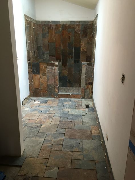 Brick Home Makeover, Slate Floor Bathroom, Slate Tile Bathroom, Slate Shower Tile, Slate Bathroom Floor, Barnwood Flooring, Wall Tiles Ideas, Slate Bathroom Tile, Black Slate Floor