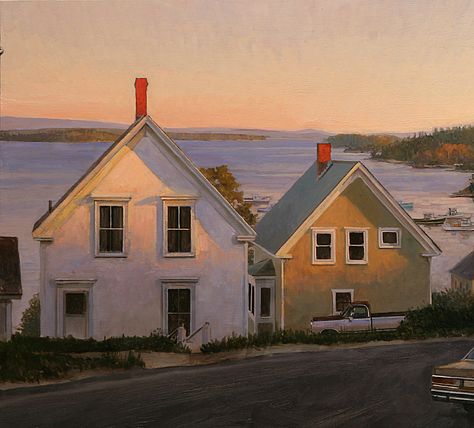 Painting Of House, Small Town Art, Maine Painting Ideas, Oil Painting House Landscapes, Maine Painting, Maine Coastal Towns, Maine Landscape Paintings, Collateral Beauty, Urban Painting