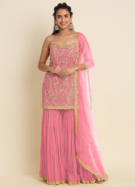 Buy Pink Georgette Embroidery Sharara Suit Party Wear, Embroidered, sharara suit Online Shopping | SLSACU9391 Pink Salwar Suit, Women Sharara, Sharara Style, Pakistani Sharara, Pink Sharara, Kids Kaftan, Georgette Sharara, Indian Wedding Clothes, Modest Evening Dress