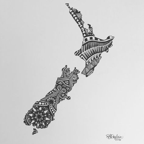 Custom, drawn-to-order, pen and ink New Zealand design. #zentangle #mandala #blackandwhite #illustration #penandink #NewZealand #stateart #art New Zealand Inspired Tattoo, New Zealand Outline Tattoo, New Zealand Tattoo Ideas, New Zealand Outline, Maori Tattoo Meanings, New Zealand Map Illustration, Hai Tattoo, New Zealand Map, Tattoo Pierna