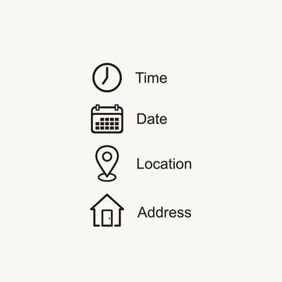 Date, Time, Address or Place Icons Symbol 20212533 Vector Art at Vecteezy Date Icon, Address Icon, Word Typography, Christmas Wishes Messages, Time Icon, Paper Box Template, Indian Wedding Couple Photography, Wedding Couple Photography, Location Icon