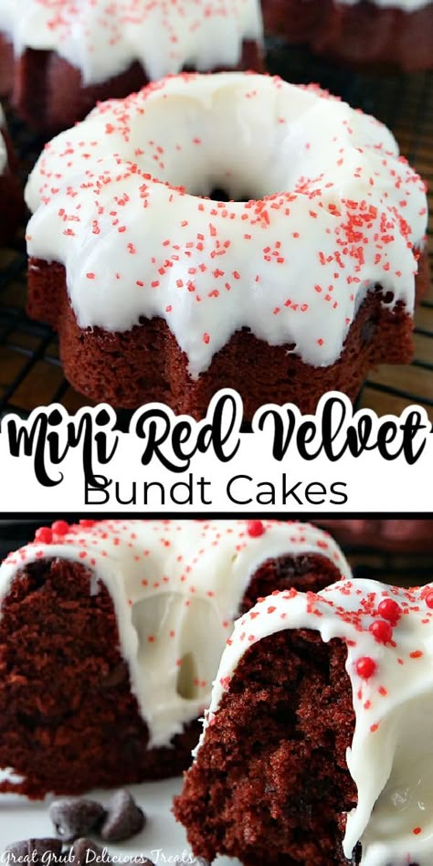 Mini Red Velvet Bundt Cakes are delicious mini cakes that are loaded with chocolate chips, rich red velvet, and a sweet buttercream frosting. Penne Casserole, Mini Bunt Cake, Types Of Sponge Cake, Red Velvet Bundt, Sausage Penne, Mini Bundt Cakes Recipes, Red Velvet Bundt Cake, Lemonade Pie, Pecan Cobbler