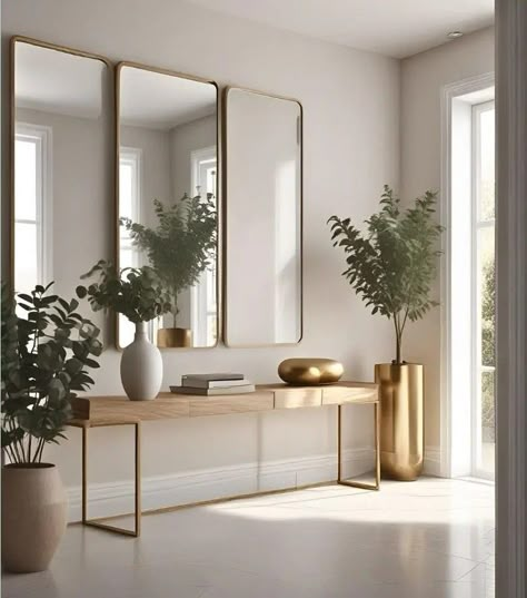 Mirrors Above Console Table, Lounge Mirror Ideas, Wall Of Mirrors Ideas, Glam Entryway Ideas, Entrance Hall Mirror, Wall Behind Sofa, Clean Interior Design, Luxe Decor, Living Room Console