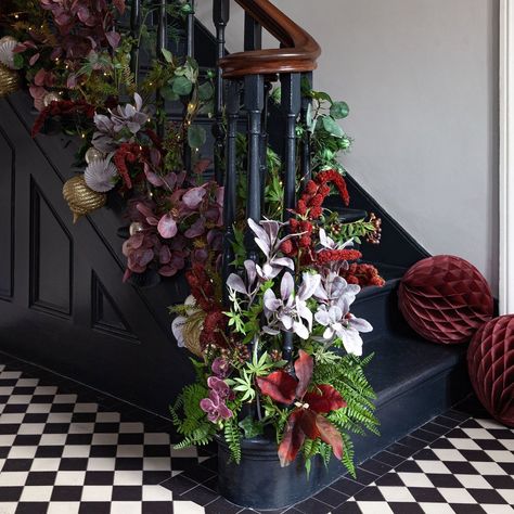 Black Stairwell, Presents Wrapped, Mantle Styling, Christmas Stairs, Wednesday Afternoon, Faux Hydrangea, Stair Decor, Christmas Mantle, Breaking Up