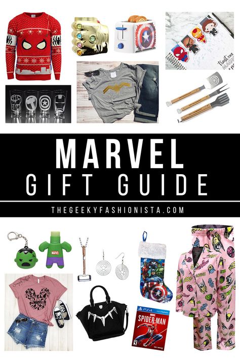 This is the ultimate Marvel Gift Guide for fans of Marvel Comics superheroes and the MCU! Get the perfect geeky birthday and Christmas present ideas here! Marvel Gifts Ideas, Marvel Present Ideas, Marvel Gifts For Him, Gifts For Marvel Fans, Marvel Gift Ideas, Marvel Crafts, Marvel Diy, Marvel Gift, Marvel Jewelry