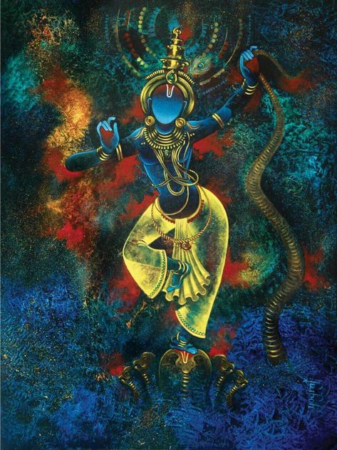 Lord Krishna Dancing on Kaliya Naag by Yograj Verma on Artflute.com' Krishna And Kaliya Naag, Krishna Kaliya Naag Painting, Dancing Shiva Painting, Krishna Dance On Kaliya Naag, Krishna Dancing On Kaliya, Lord Krishna Canvas Painting, Lord Krishna Abstract, Abstract Krishna Painting, Krishna Abstract Art