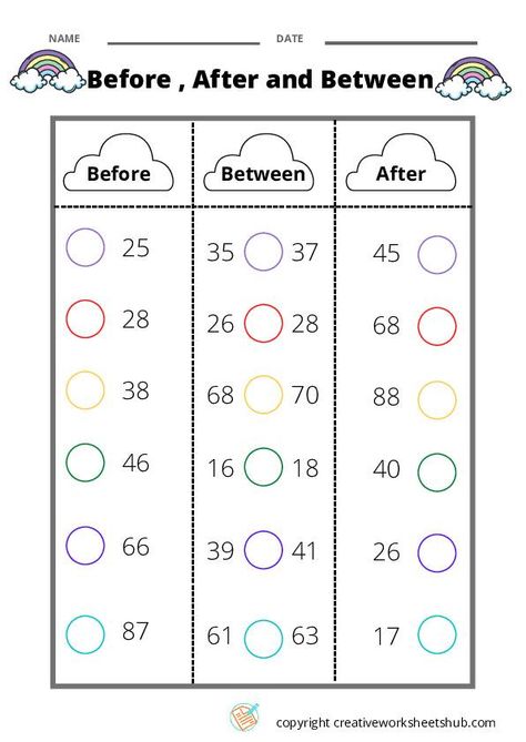 Kindergarten Maths l Before , After, and Between - creativeworksheetshub Kg3 Math Worksheets, Maths Work Sheet For Kg, Lkg Worksheets Maths Cbse, Math Work Sheets For Kindergarten, Before After Worksheet, After Before Between Worksheet, Before After Between Numbers Worksheets, Before And After Worksheets, Before And After Numbers