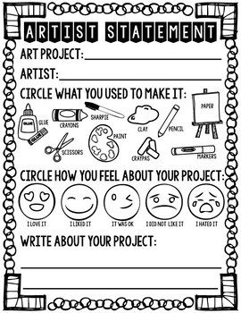 My students complete this worksheet after every project for self evaluation.  This one includes  emojis too help students express how they feel about the outcome of their project. Simply made for younger students.  Clip Art Credit 1!  Clip Art Credit 2!  Clip Art Credit 3!  Font Credit! Elementary Artist Statement, Art Class Bell Ringers, Art Classroom Set Up Elementary, Art Projects For Special Needs Students, Art Lessons For Elementary Students, Free Choice Art, Art Expectations, Ap Art Ideas, Art Early Finishers