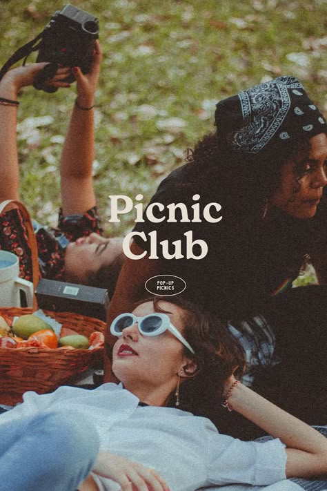 Logo and brand identity design for a pop-up picnic service with a retro vibe. Playful and vintage branding by Mia Dellore Design Studio. Picnic Design Ideas, Pop Up Graphic Design, 70s Branding Graphic Design, Picnic Product Photography, Vintage Brand Identity, Nostalgia Branding, 60s Branding, Vintage Picnic Photoshoot, Creative Studio Branding