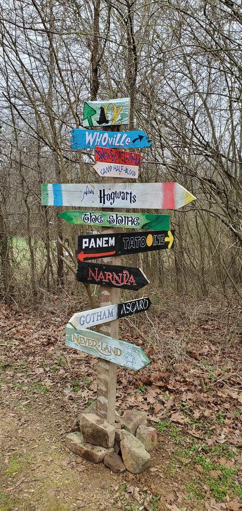 Sign Post - Oz, whoville, Wonderland, camp half blood, panem, tatooine, narnia, Gotham, asgard, Neverland Narnia Hogwarts Neverland Sign, Narnia Sign Post, Fantasy Sign Post, Garden Sign Post, Fairytale Signs, Narnia Sign, Narnia Garden, Narnia Classroom, Cottage Yard