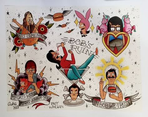 Bobs Burgers Tattoo, Temporary Shop, Traditional Tattoo Inspiration, Sweet Tattoos, Metal Tattoo, Bob's Burgers, Tattoo Portfolio, Cartoon Tattoos, Bobs Burgers