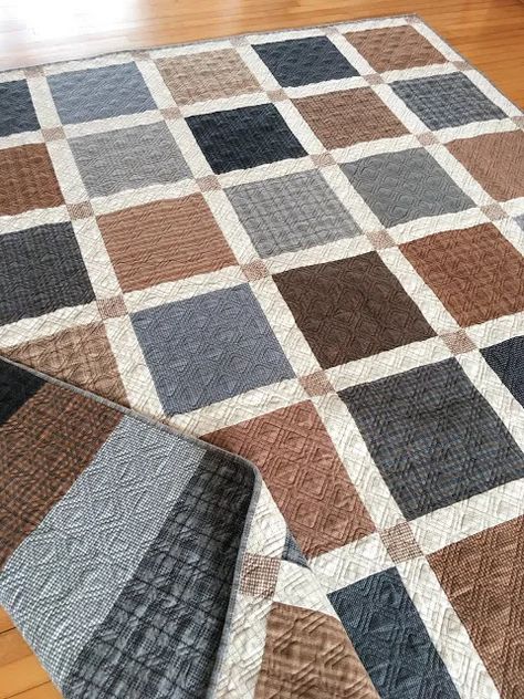 A flannel quilt for the graduate! – Carried Away Quilting Masculine Quilt Patterns Men Simple, Woolies Flannel Quilt Patterns, Flannel Quilts Patterns, Quilt Pattern For Men, Memory Quilts From Clothes Men, Quilts For Men, Mens Quilts, Graduation Quilts, Repurposed Shirts