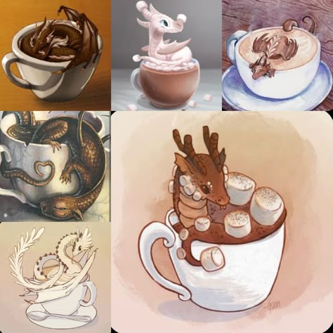 Dragon Drinking Coffee, Coffee Dragon Art, Dragon Food Art, Teacup Dragon, Fantasy Coffee Shop, Artificer Wizard, Tea Dragons, Fantasy Map Drawing, Coffee Dragon