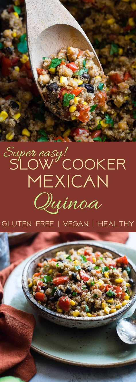 Slow Cooker Mexican Quinoa Casserole - Let the slow cooker do the work for you with this family friendly, healthy weeknight dinner!  Gluten free with a vegan option and even picky eaters love it! | #FoodFaithFitness | #Quinoa #Glutenfree #Healthy #Vegan #Vegetarian Mexican Quinoa Crockpot, Mexican Quinoa Casserole, One Pan Mexican Quinoa, Casserole Slow Cooker, Crockpot Mexican, Dinner Gluten Free, Slow Cooker Mexican, Vegan Crockpot Recipes, Quinoa Casserole