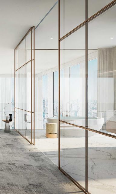 Glass Partition Wall Brass, Glass Partician Wall, Glass And Wood Partition, Sliding Door For Bedroom, High End Apartment, Joinery Design, Glazed Walls, Interior Minimalista, Glass Doors Interior