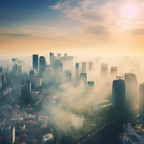 Misty Cityscape Sunrise: A breathtaking view of a city engulfed in morning mist as the sun rises above. #city #sunrise #mist #skyscrapers #buildings #aiart #aiphoto #stockcake ⬇️ Download and 📝 Prompt 👉 https://ayr.app/l/dkNu Misty City, City Sunrise, Mist Mountain, Cityscape Silhouette, Sunrise In New York City, Sunrise City, Sunrise City View, Sunrise Images, Sunrise Painting