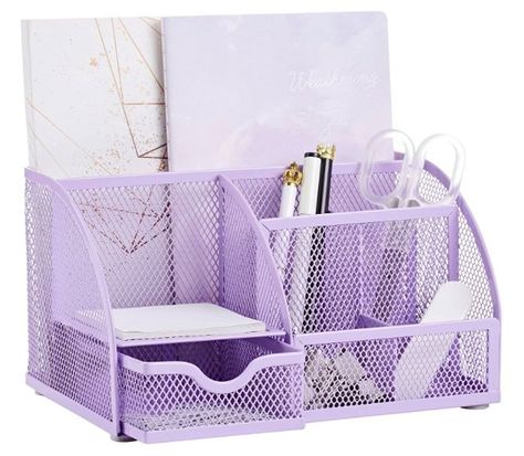 Purple Office Supplies, Study Desk Organization, Pink Office Supplies, Purple Desk, Purple Office, Purple Room Decor, Organizer Office, Drawer Desk, Purple Bedroom