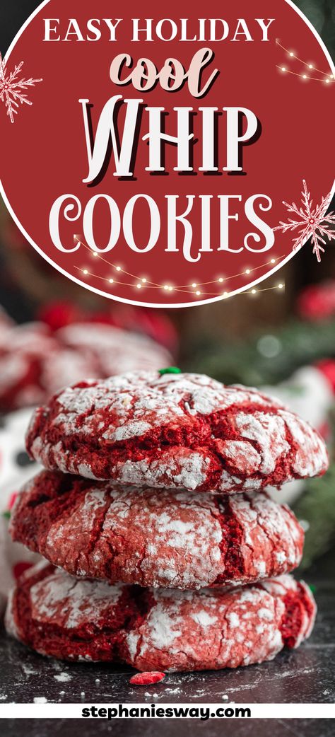 Are you craving a delicious treat that's quick and easy to make? Look no further than Cool Whip Cookies! These delightful cookies are known for their light and airy texture and perfect chewy finish. Strawberry Cool Whip Cookies, Cool Whip Red Velvet Cookies, Red Velvet Cookies With Cool Whip, Few Ingredient Christmas Cookies, Cookies With Whipped Cream, Cool Wipe Cookie, Cool Whip Crinkle Cookies, Whip Cream Cookies Cake Mixes, Cool Whip Cake Cookies