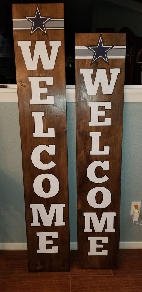 Dallas Cowboys Welcome sign!! Diy Cowboys Decor, Dallas Cowboys Rocking Chair, Dallas Cowboys Front Porch Sign, Dallas Cowboy Diy Gifts, Dallas Cowboy Door Sign, Cowboys Porch Sign, Sports Welcome Sign, Dallas Cowboys Signs Wood, Nfl Welcome Sign Front Door