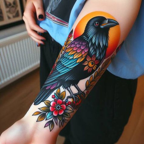 Neo Traditional Raven Tattoo, Neo Traditional Raven, Traditional Raven Tattoo, Rabe Tattoo, Tattoo Beautiful, Crow Tattoo, Raven Tattoo, Spooky Tattoos, Neo Traditional