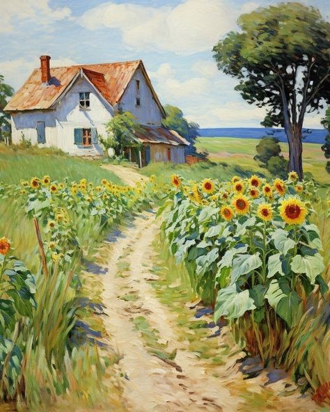 Farm Scene Painting, Sunflower Landscape, Watercolor House Painting, Watercolor Scenery, Farm Paintings, Afrikaanse Kunst, Scenery Paintings, Cottage Art, Landscape Art Painting