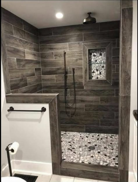 Cabin Shower Tile Ideas, Western Walk In Shower Ideas, Walk In Shower Rustic, Walk In Shower Half Wall No Door, Rustic Bathroom Backsplash Ideas, Manly Shower Tile Ideas, Dark Tile Walk In Shower, Small Bathroom Walk In Shower Ideas Pony Wall, Dark Brown Shower Tile