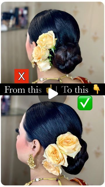 Setting of ROSE 🌹 flowers in Bridal bun…  Follow us @goldyhunjanmakeupstudio | Instagram Festival Hair Braids, Rose Bun, Flower Bun, Half Up Wedding Hair, Curly Braids, Bridal Bun, Bridal Hair Buns, Hair Tutorials Easy, Wedding Hairstyles Half Up Half Down