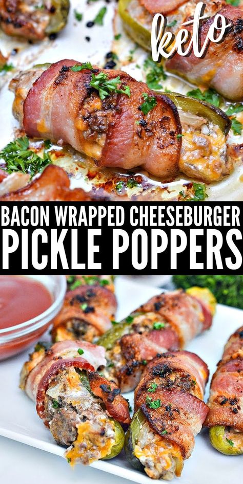 Pickle Poppers, Bacon Wrapped Cheeseburger, Bacon Wrapped Recipes, Garlic Cream Cheese, Keto Bacon, Pellet Grill Recipes, Shredded Cheddar Cheese, Lost 100 Pounds, Delicious Appetizer Recipes