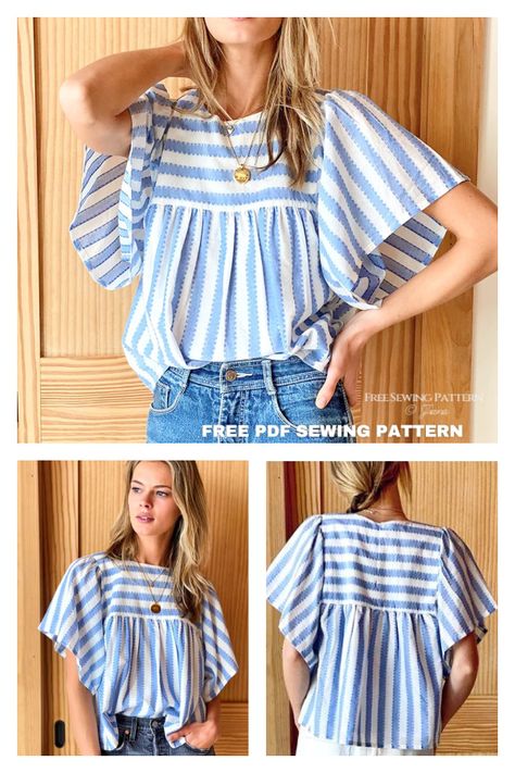 Basalie Flutter Sleeve Top Free Sewing Pattern Shirred Top Sewing Pattern, Best Sewing Patterns, Easy Top Sewing Pattern, Fabric Art Diy, Free Pdf Sewing Patterns, Free Sewing Patterns, Free Sewing Pattern, Clothes Sewing, Top Sewing Pattern