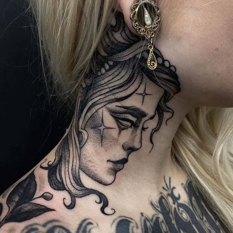 Neck Tattoos For Females, Chest Neck Tattoo, Neck Tattoo Women, Front Neck Tattoo, Tattoos For Females, Best Neck Tattoos, Girl Neck Tattoos, Side Neck Tattoo, Tattoo Neck