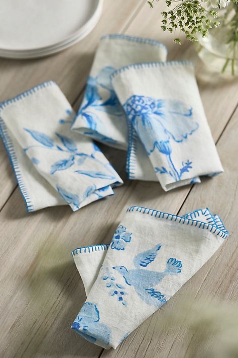 Featuring floral designs inspired by the iconic blue-and-white motifs of Delft pottery, these terrain exclusive napkins are made from 100% linen. | Delft Floral Napkins, Set of 4 at Terrain Navy Blue Theme, Delft Pottery, Antique Booth Ideas, Blue Watercolor Floral, Shop Apron, Outdoor Living Furniture, Floral Napkins, Blue White Decor, Paint Inspo