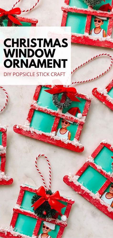 Give this DIY popsicle stick Christmas ornament to your friends or family as a personalized and meaningful gift or hang it on your tree! This ornament craft is made entirely out of popsicle sticks decorated to look like a frosted and snowy window on Christmas day! Lolly Stick Christmas Craft, Sled Out Of Popsicle Sticks, Kindergarten Diy Ornaments, Christmas Ornament Kids Diy, Popsicle Sticks Christmas Ornaments, Sled Popsicle Stick Ornament, Diy Christmas Tree Ornaments For Kids Popsicle Sticks, Popsicle Stick Tree Ornaments, Xmas Popsicle Stick Crafts