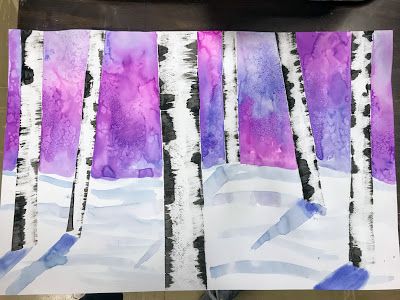 Elements of the Art Room: 5th grade Winter Birch Trees Winter Birch Trees, Drawing Trees, January Art, Classe D'art, Holiday Art Projects, Winter Art Lesson, Color Wheels, Birch Tree Art, Teaching Essentials