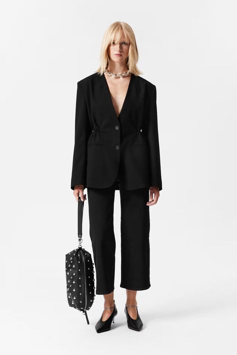 Collarless Blazer - V-neck - Long sleeve - Black - Ladies | H&M GB Collarless Blazer, Waistcoat Dress, Knit Outerwear, Blazer Designs, Blazer And Shorts, V Cut, Tshirt Skirt, Fashion Story, V Cuts