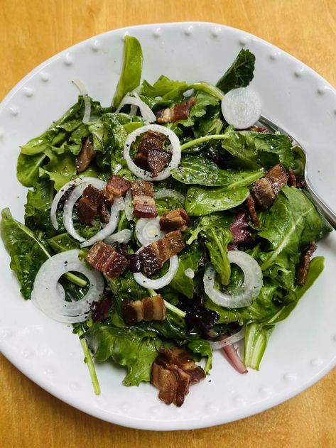 Killed Lettuce Salad With Hot Bacon Dressing, Spinach Dishes, Wilted Lettuce Salad, Hot Bacon Dressing, Lettuce Recipes, Wilted Lettuce, Southern Living Recipes, Bacon Dressing, Yummy Salads