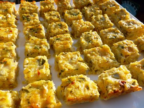 Marinated Artichoke Recipes Appetizers, Artichoke Squares Appetizers, Spinach And Artichoke Squares, Artichoke Timbales, Artichoke Appetizer Recipes, Canned Artichoke Recipes, Artichoke Squares, Timbale Recipe, Artichoke Salad Recipes