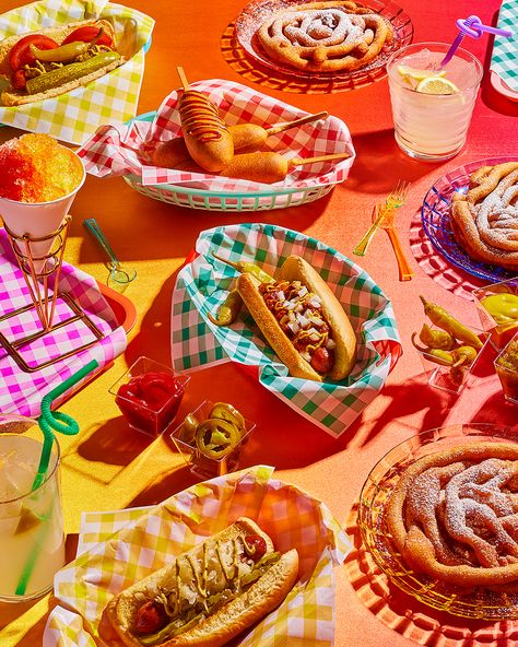 Boardwalk-inspired food test shoot with Food Stylist Hadley Sui and Prop Stylist Kellie Arceneaux. #boardwalk #hotdog #snowcone #foodphotography #colorfulphotography Lifestyle Photography Food, Summer Boardwalk, Food Film, Food Photoshoot, Food Photography Props, Big Cookie, American Diner, Food Props, Football Food