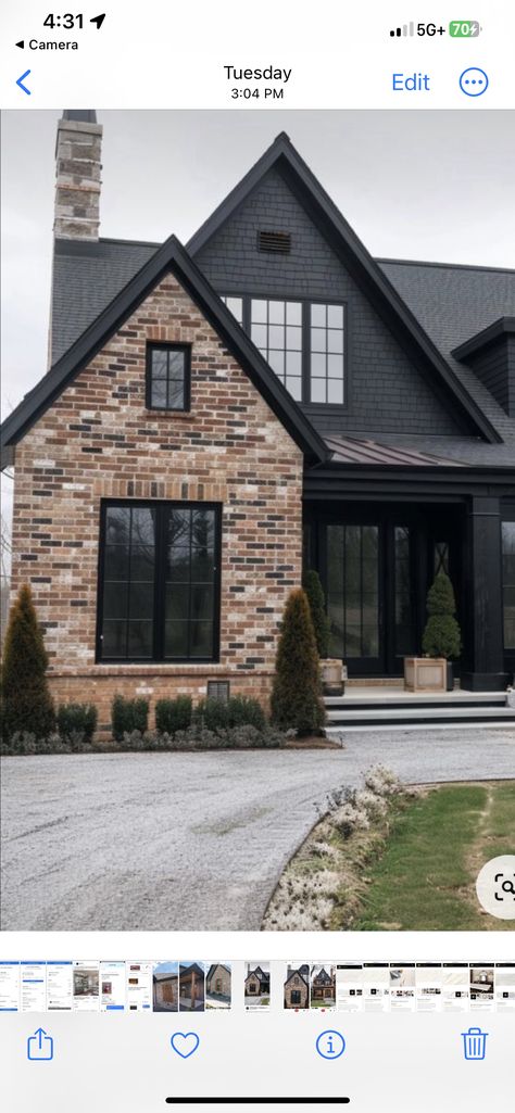 Tudor Style Exterior Makeover, Mushroom Colored House Exterior, Black Exterior House With Brick, Dark Brick Homes Exterior, Black And Brown Exterior House, Dark Brown Home Exterior, Moody Home Exterior Colors, Black House With Brick, Brick And Black Exterior