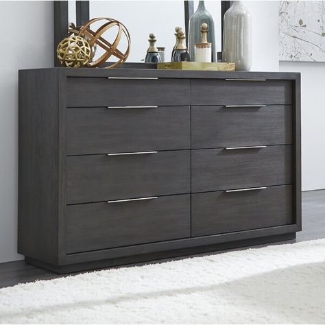 This sleekly tailored 8 Drawer Dresser makes a striking first impression with bold proportions, crisp, modern lines and a weathered finish. Smartly accented with top-mounted nickel plated pulls, concealed footboard storage, and a floating plinth base. Grey Bedroom Furniture Ideas, Grey Veneer, Witchy Bedroom, Future Bedroom, Chest Furniture, Solid Wood Dresser, 8 Drawer Dresser, 4 Drawer Dresser, Dovetail Joinery