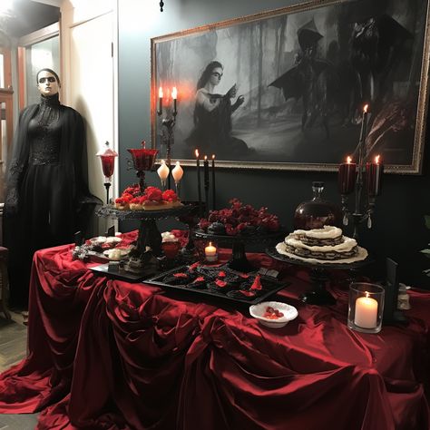 Dark Victorian Party Theme, Vampire Photo Backdrop, Gothic Theme Birthday Party, Victorian Goth Party Decor, Vampire Themed Party Food, Dracula Party Decorations, Vampire Dinner Table, Vampire House Decor Halloween, Spooky Birthday Party Food