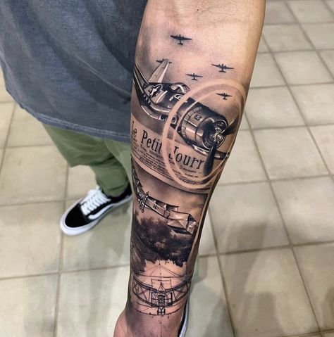 Plane Sleeve Tattoo, Newspaper Tattoo Design, Newspaper Tattoo Ideas, Aviation Tattoos For Men, Newspaper Tattoo, Plane Tattoos, Aviation Tattoo, Calf Sleeve Tattoo, French Newspaper