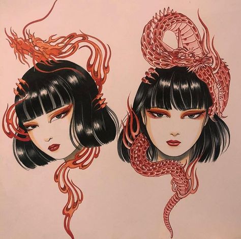 Japanese Lady Tattoo, Flame Dragon, Lady Tattoo, Dragon Tattoo For Women, Lady Art, Hand Tattoos For Guys, Face Tattoo, Gremlins, Dragon Tattoo